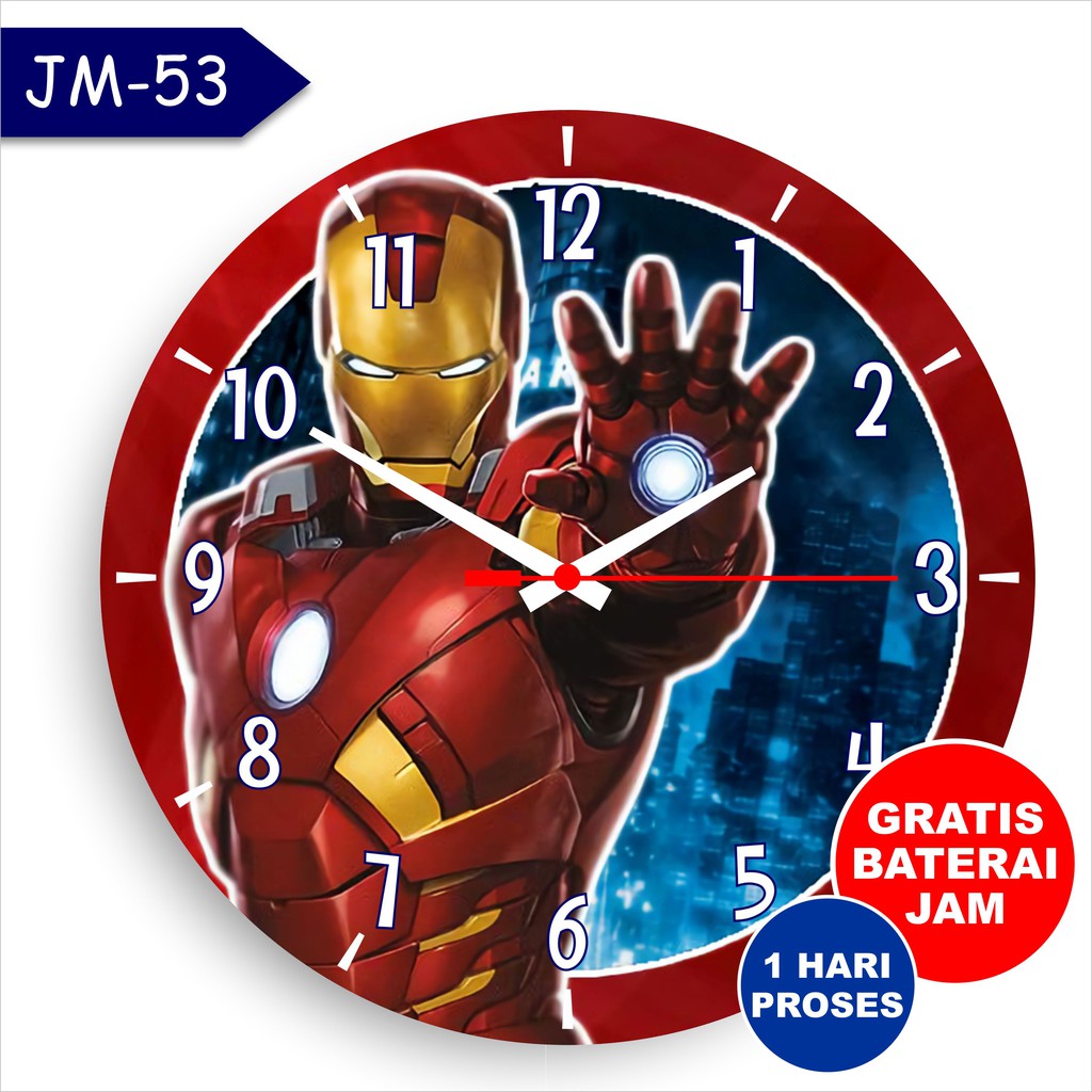 Jam dinding murah kayu custom ironman iron man superhero animasi kartun kamar anak ruangan lucu Anim