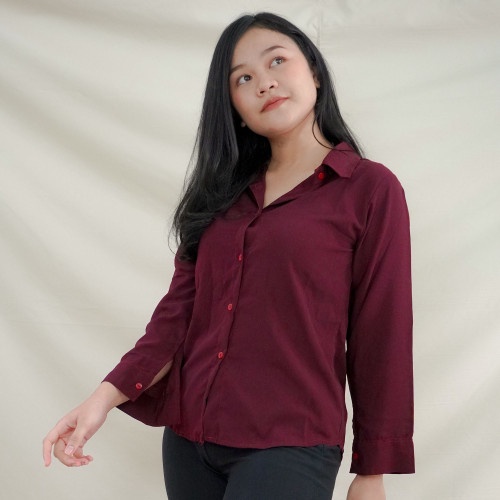BAJU KEMEJA WANITA POLOS CASUAL HITAM WANITA LENGAN PANJANG Grosir Bajuu-Maroon