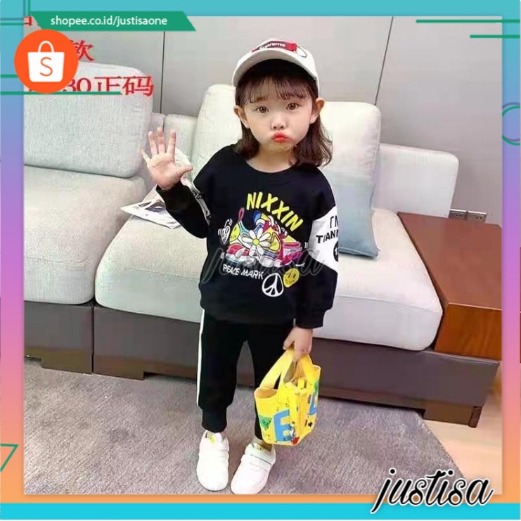 Promo !! Setelan baju anak cewek - setelan lengan panjang - setelan nixxin peace mark smile uk 1-5thn (abu abu, pink, hitam)