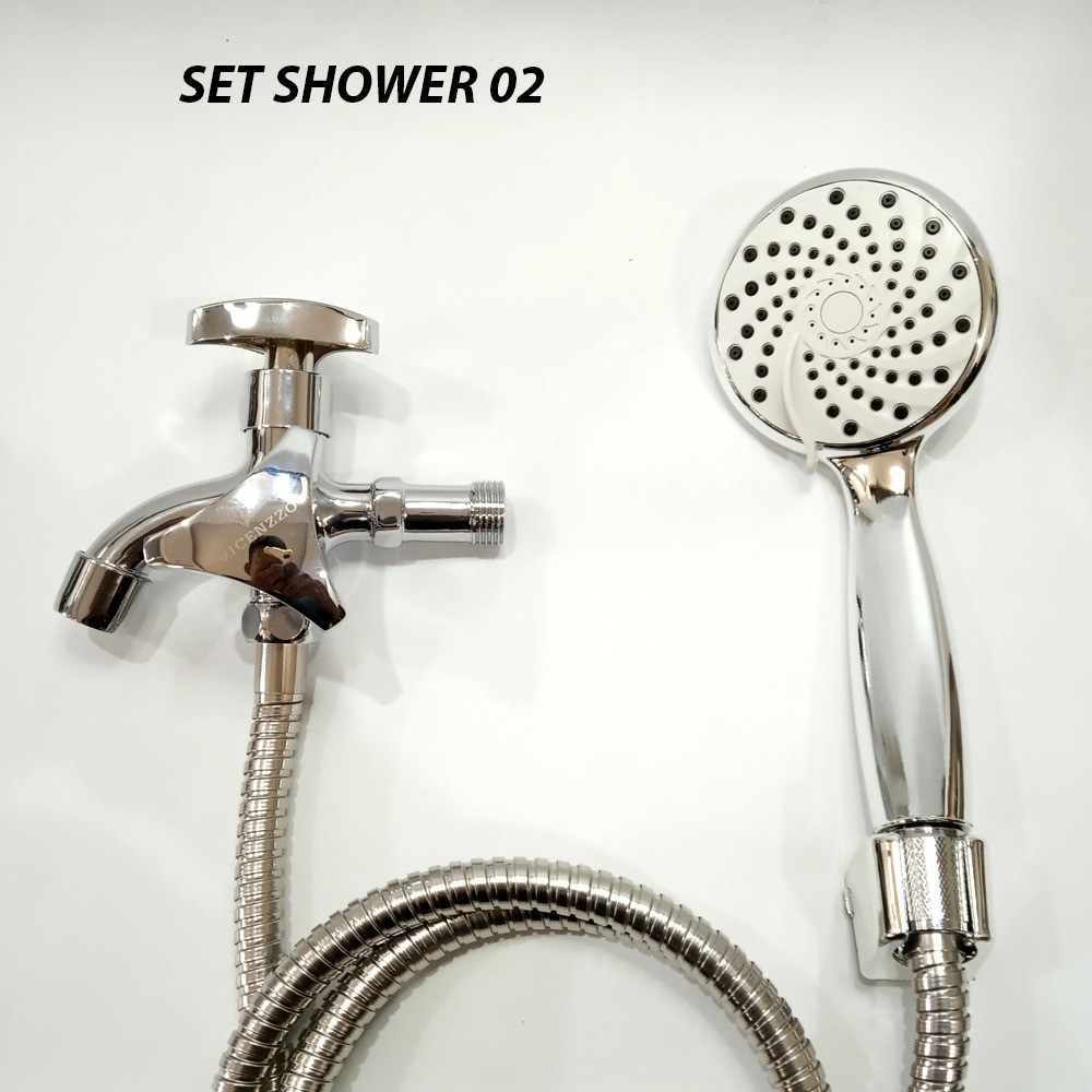 PAKET Hand Shower Kamar Mandi dan Kran Cabang Tembok Segitigal 2 Lubang 1/2” Handel Kuningan