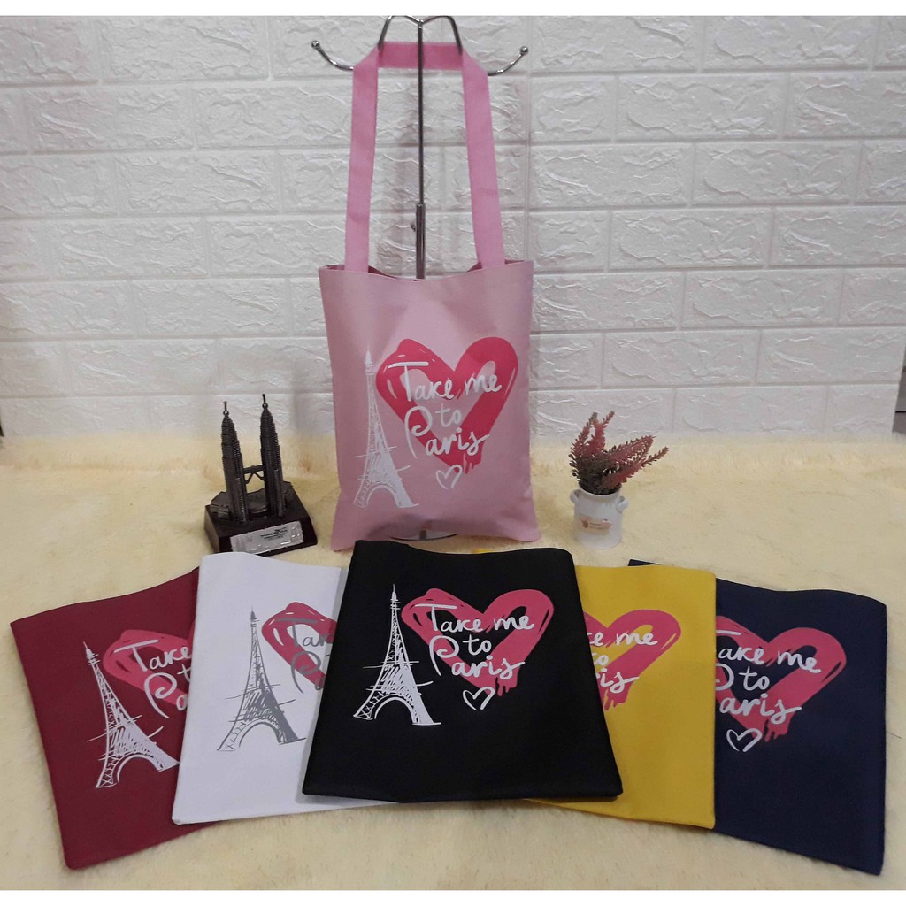 YA 487 - PARIS LOVE TAS TOTEBAG / TOTEBAG SABLON / TOTEBAG KULIAH