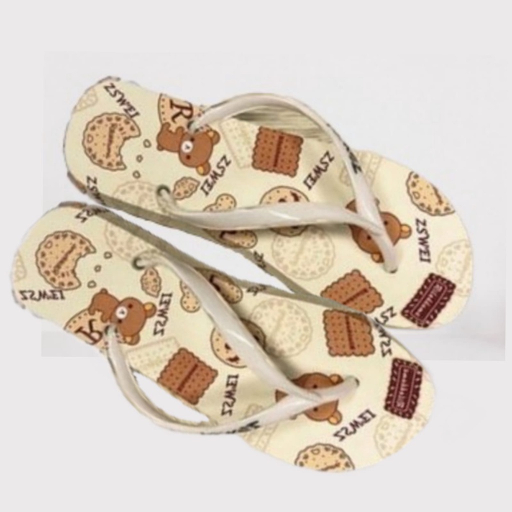 Sandal Jepit Spon Motif Lucu Kucing Pelangi Strawberry Anti Slip Murah-Bear Krem