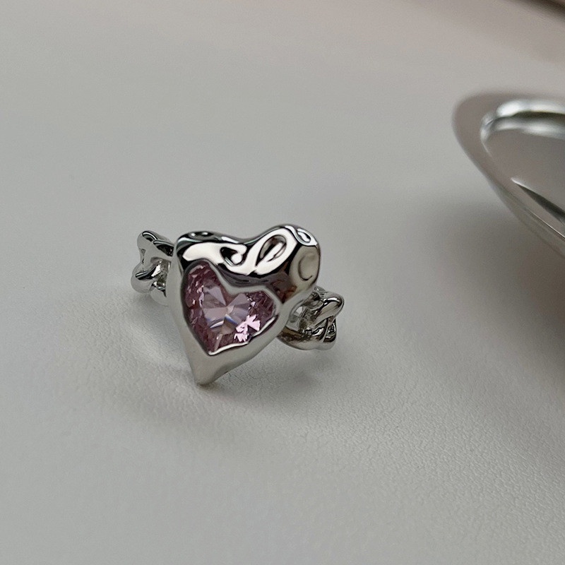 Cincin Model Terbuka Adjustable Bentuk Hati Aksen Zircon Warna Pink Gaya Hip Hop