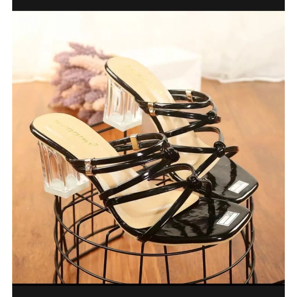 sandal hak kaca tali silang/ sandal hak kaca terbaru/ sandal hak kaca masakini/ sandal hak kaca andi