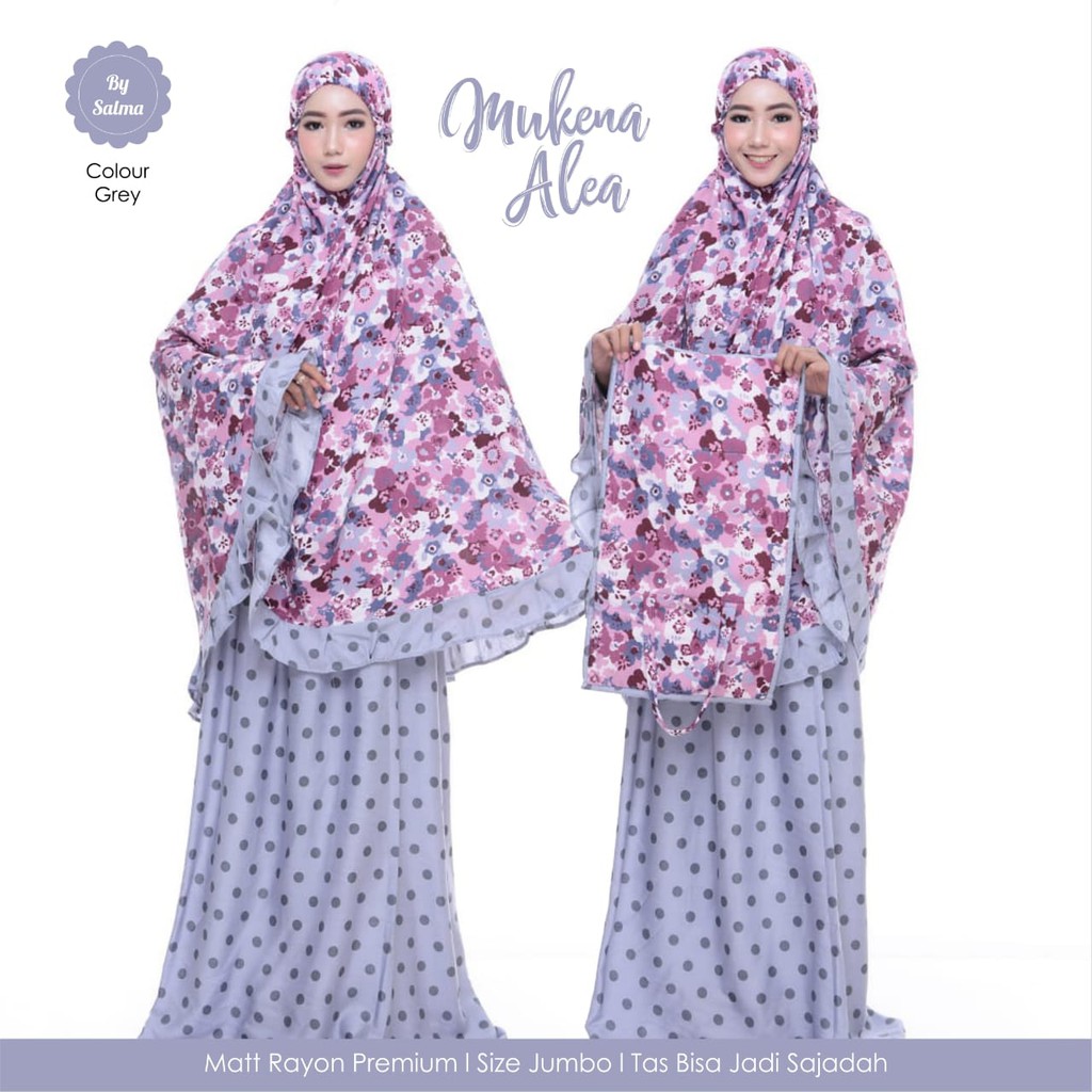 Mukena Rayon premium motif bunga grey ungu mix motif polkadot