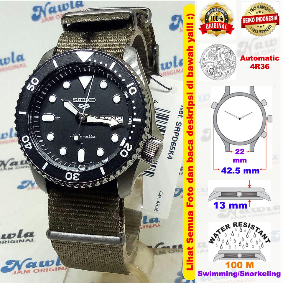 Seiko 5 Sports SRPD65K4 Automatic Green Nylon - Jam Tangan Pria SRPD65