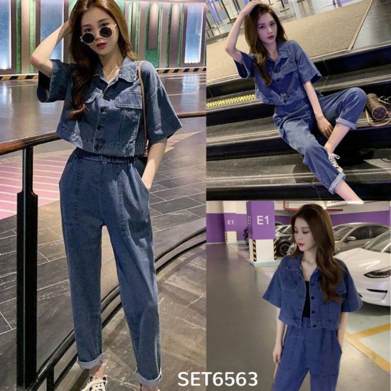 Chiling Jeans Set Crop Outer & Pants