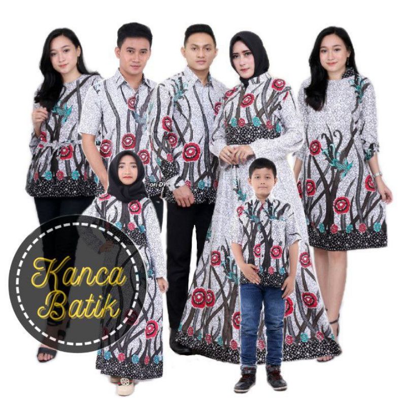 Promo Batik Couple Keluarga Sarimbit Sania Ruffle Batik Ori Ndoro Jowi Motif Ilalang Putih