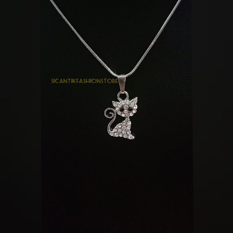 (PROMO)Kalung liontin Titanium motif Kucing cantik Terlaris anti karat Perhiasan Wanita silver mewah