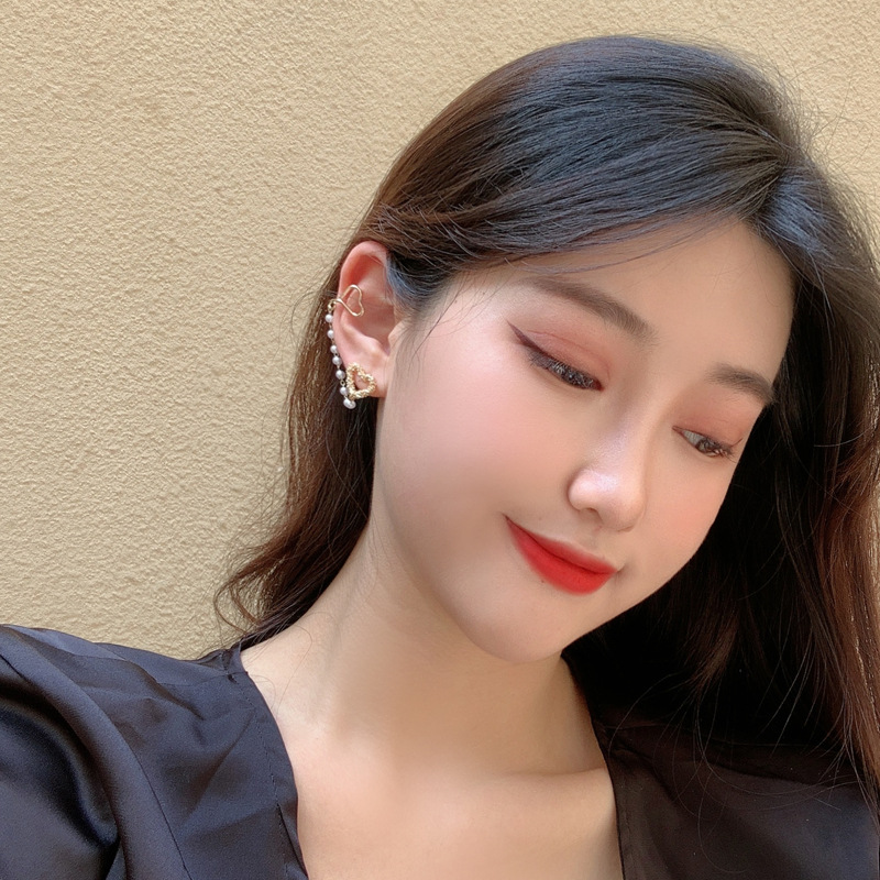 Anting Stud Klip Tulang Telinga S925 silver needle Model Rantai Mutiara Hati Rongga