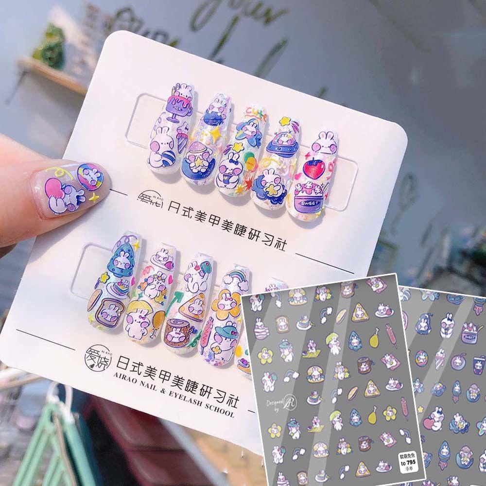 Rebuy Nail Art Sticker Warna Jepang 5D Decal Bintang Perekat Bunny Relief DIY Nail Art