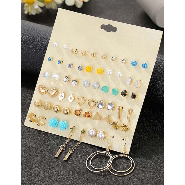 LRC Anting Set Fashion Color Love Heart Geometric Stud Earrings With Diamonds And Pearls D81525