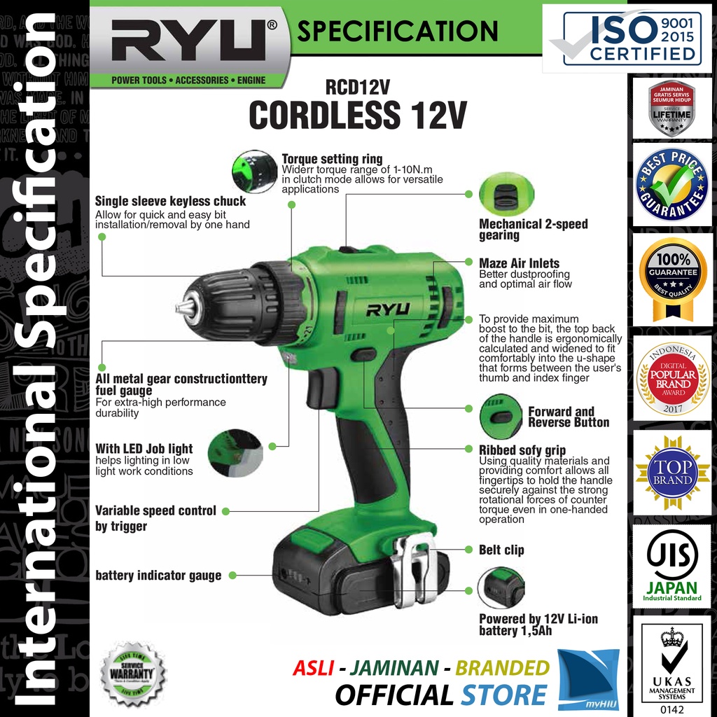 Mesin Bor Baterai 12 Volt + Accessories - Cordless Charger RCD12V RYU