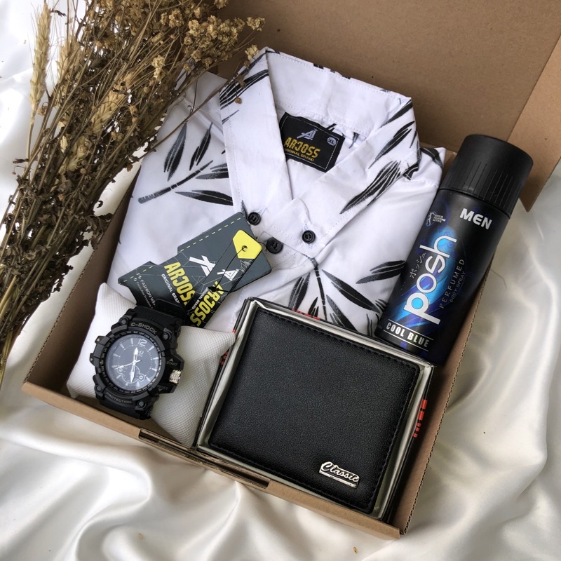 GiftBox Kemeja Floral Cowo Parfume Jam Tangan Dompet | Hadiah Kado ulangtahun anniversary wisuda