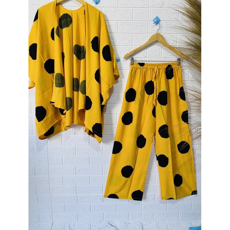 SETELAN OUTER KELIM &amp; CELANA POLKADOT  Bhn Rayon tebal tidak terawang muat bb 50-80kg