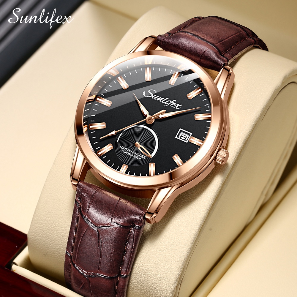 Sunlifex Jam Tangan Pria 7003 Kalender Kuarsa Santai Bisnis Tali Kulit Jam Tangan Cowok-BrownBlack