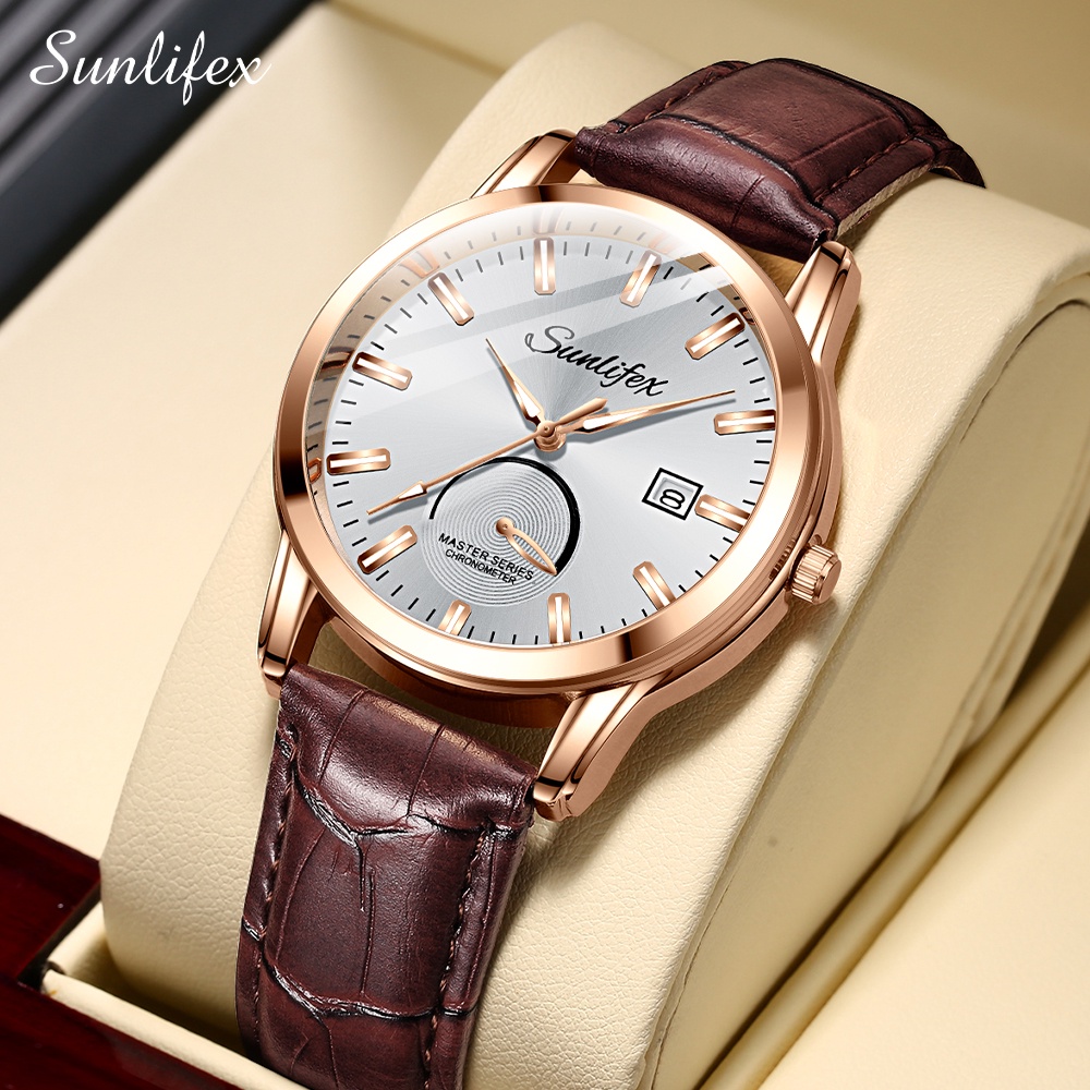 Sunlifex Jam Tangan Pria 7003 Kalender Kuarsa Santai Bisnis Tali Kulit Jam Tangan Cowok-BrownWhite