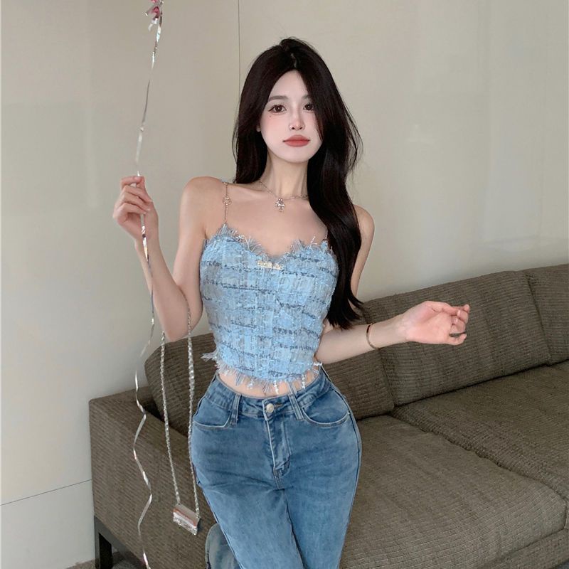 Red Rompi suspender rumbai biru wanita musim panas manis hot gadis pakaian luar desain rasa keinginan murni chic pakaian dalam atasan pendek