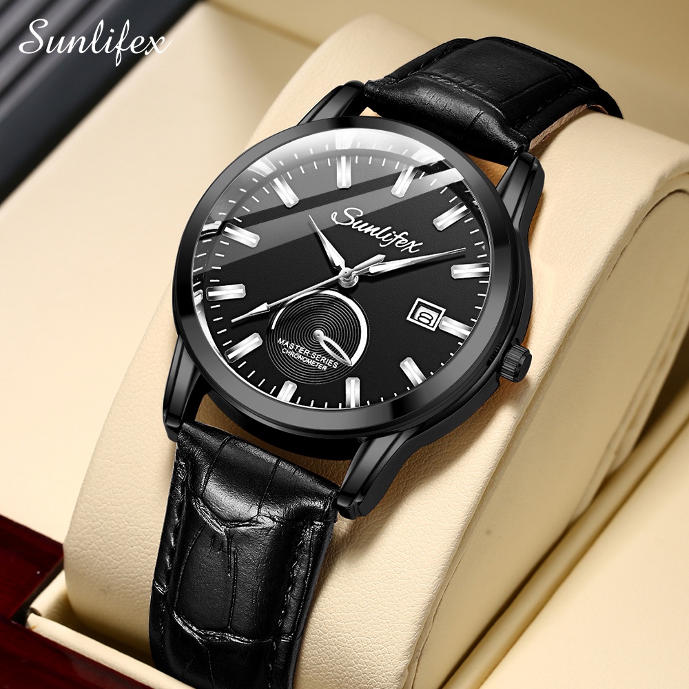 Sunlifex Jam Tangan Pria 7003 Kalender Kuarsa Santai Bisnis Tali Kulit Jam Tangan Cowok-AllBlack
