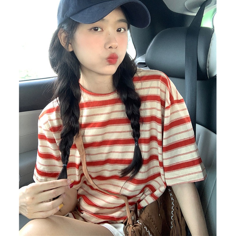 Red T-shirt lengan pendek wanita musim panas bergaris merah Jepang katun murni versi Korea longgar ramping perguruan angin atas olahraga