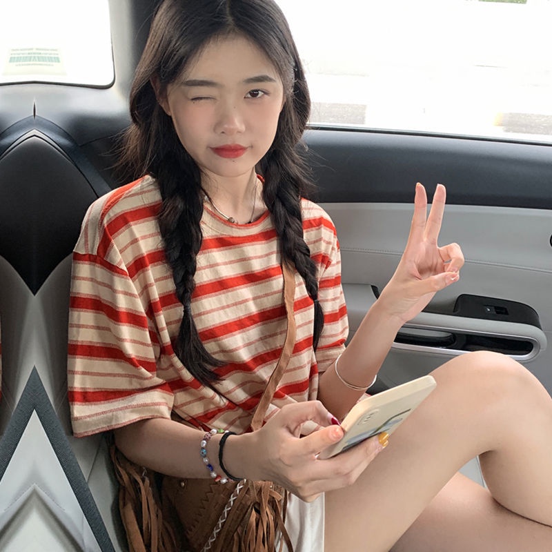 Red T-shirt lengan pendek wanita musim panas bergaris merah Jepang katun murni versi Korea longgar ramping perguruan angin atas olahraga