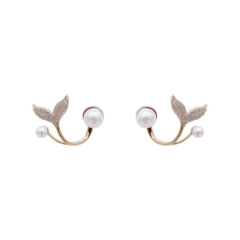 Korea Baru Mewah Zirkon Fishtail Pearl Stud Earrings Untuk Wanita Fashion Kristal Imitasi Mutiara Manis Anting-Anting Gadis Perhiasan