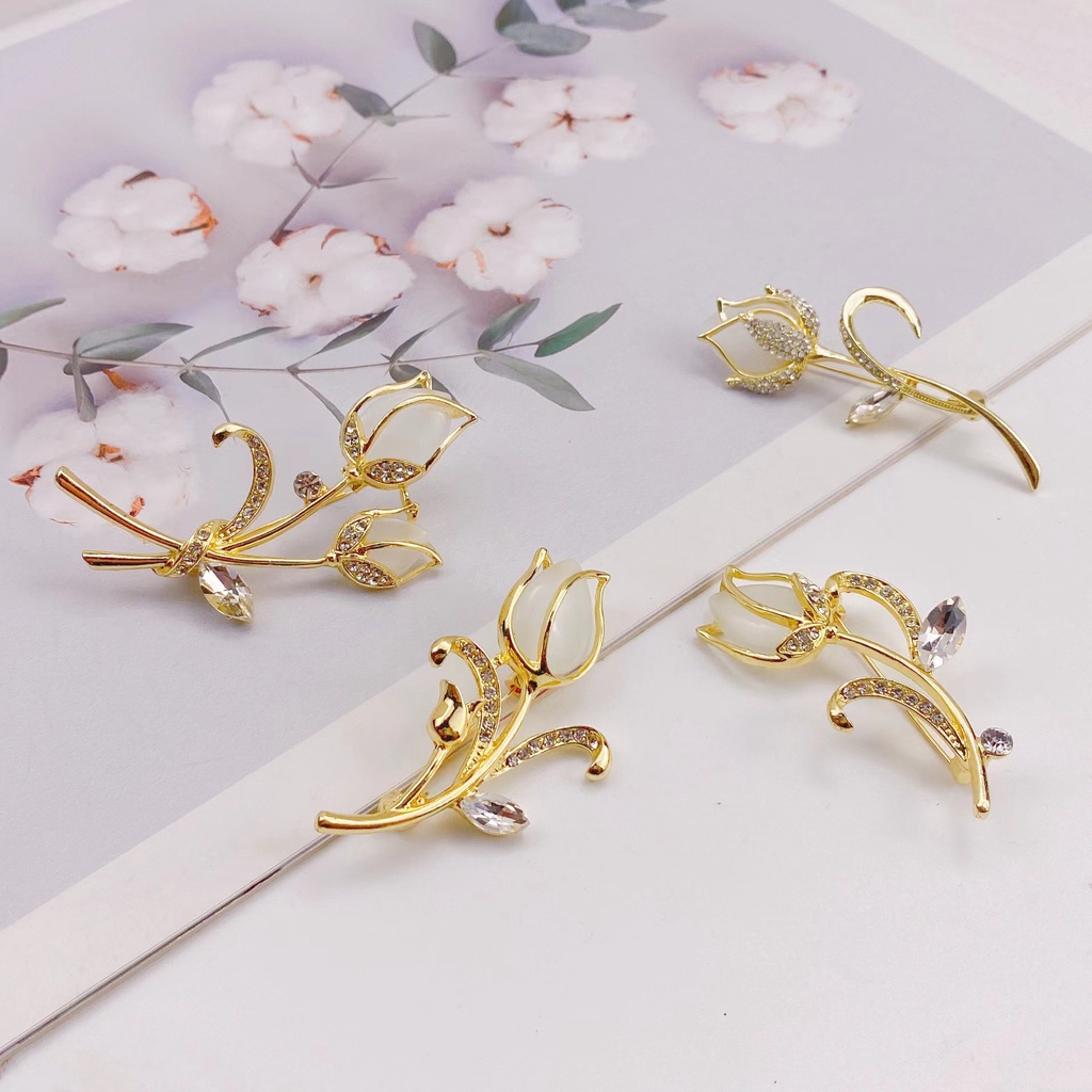 Bros Bunga Mawar Opal Untuk Wanita Tulip Fashion Pin Elegan Berlian Imitasi Brooch Jewelry Flower Korsase