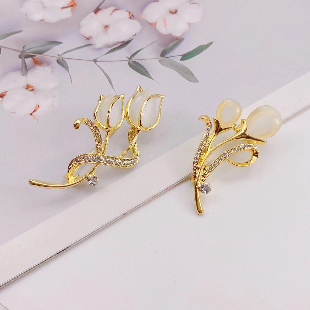 Bros Bunga Mawar Opal Untuk Wanita Tulip Fashion Pin Elegan Berlian Imitasi Brooch Jewelry Flower Korsase