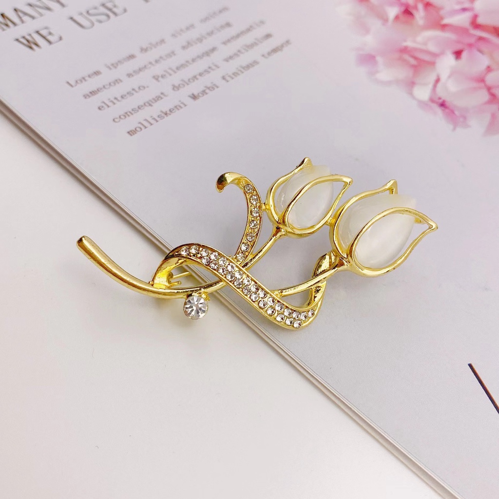 Bros Bunga Mawar Opal Untuk Wanita Tulip Fashion Pin Elegan Berlian Imitasi Brooch Jewelry Flower Korsase