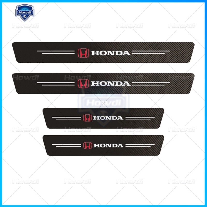 [4pc/Set] Strip Sill Step Samping Pintu Mobil Serat Karbon Kulit Anti Gores Pelindung Stiker Fiber Untuk Honda