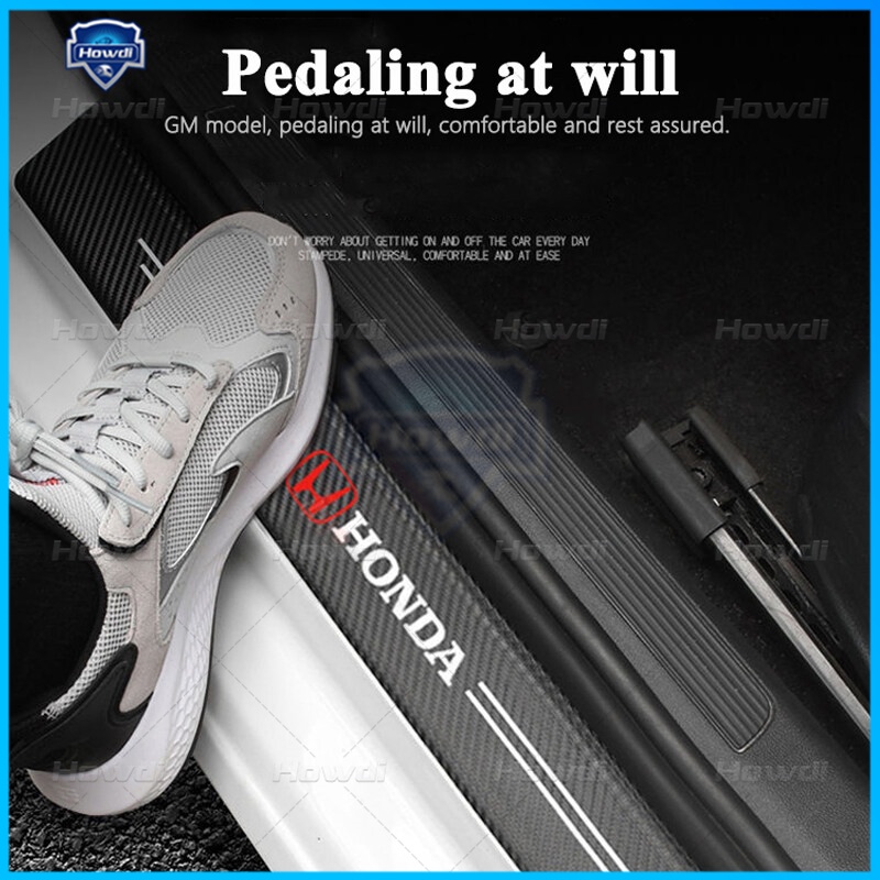 [4pc/Set] Strip Sill Step Samping Pintu Mobil Serat Karbon Kulit Anti Gores Pelindung Stiker Fiber Untuk Honda