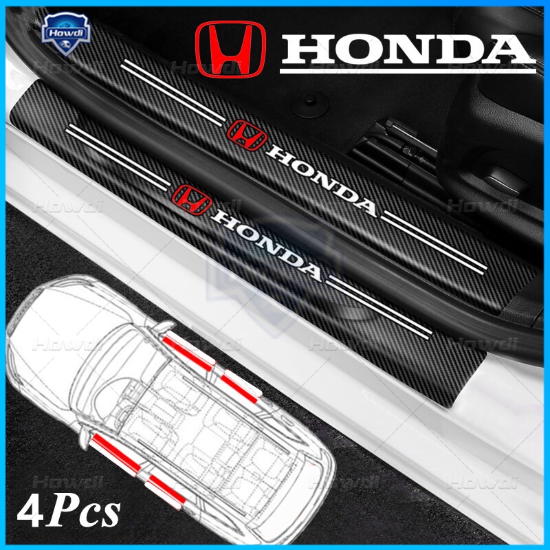 [4pc/Set] Strip Sill Step Samping Pintu Mobil Serat Karbon Kulit Anti Gores Pelindung Stiker Fiber Untuk Honda