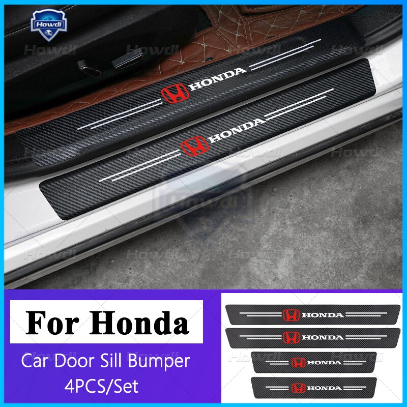 [4pc/Set] Strip Sill Step Samping Pintu Mobil Serat Karbon Kulit Anti Gores Pelindung Stiker Fiber Untuk Honda