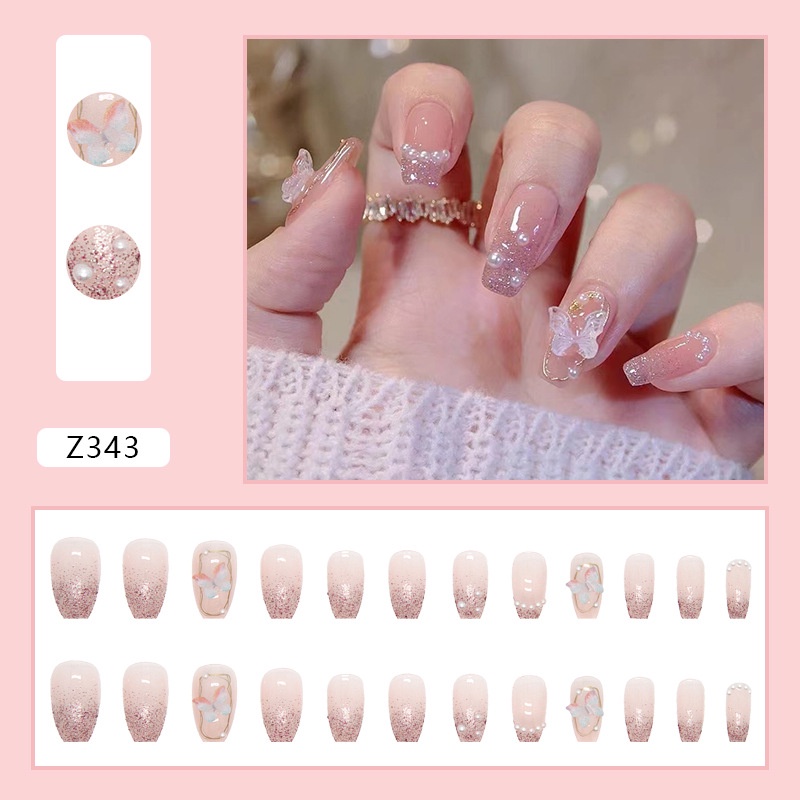 24pcs Kuku Palsu 3D Relief Butterfly Fake Nails Dengan Stiker French Nail Nail Set Manicure