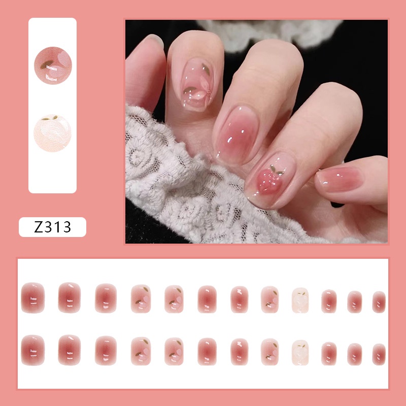 24pcs Set Kuku Palsu 3D Peach Panjang Camelia Fake Nails with Sticker