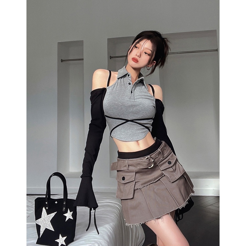 ◈❀#COD Suhao hot girl T-shirt wanita rasa desain ceruk musim semi off-shoulder jahitan lengan panjang slim-fit strap short bottoming shirt top