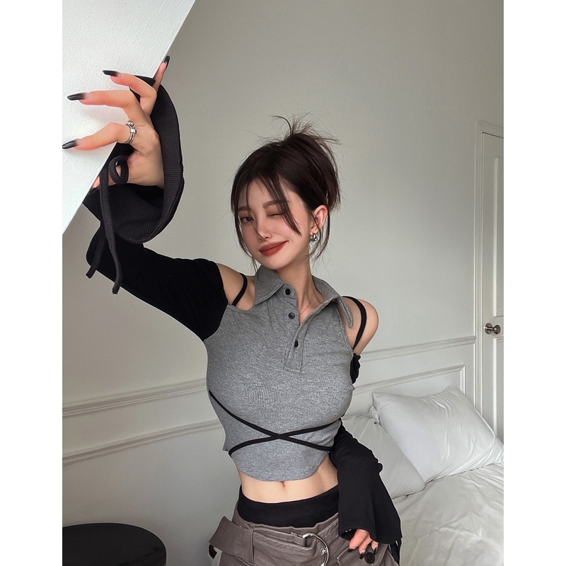 ◈❀#COD Suhao hot girl T-shirt wanita rasa desain ceruk musim semi off-shoulder jahitan lengan panjang slim-fit strap short bottoming shirt top