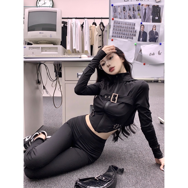 ✴✓#COD Suhao hot girl black hooded long-sleeve t-shirt women s spring short zipper sport irregular design sense niche top