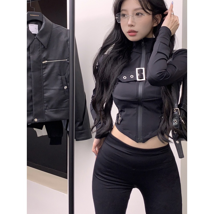 ✴✓#COD Suhao hot girl black hooded long-sleeve t-shirt women s spring short zipper sport irregular design sense niche top