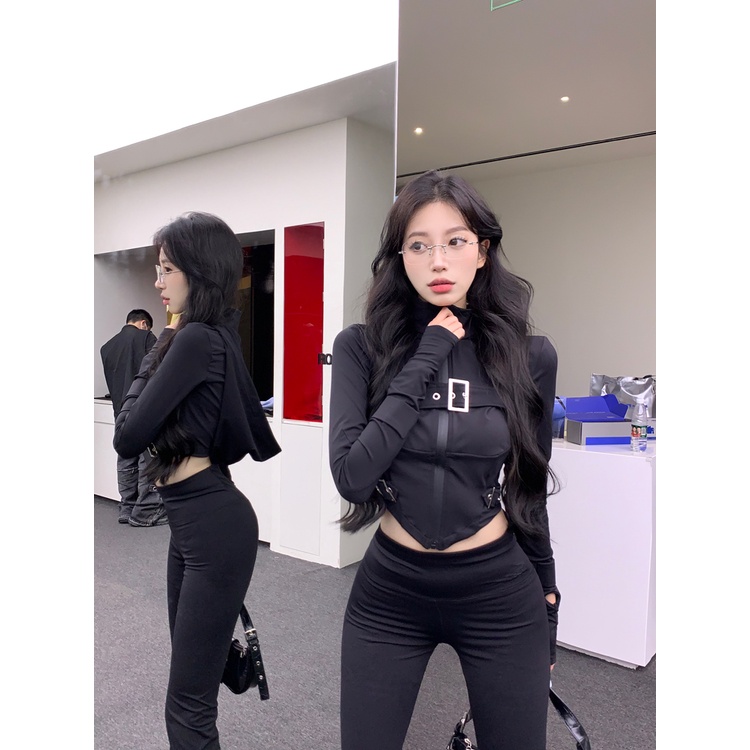 ✴✓#COD Suhao hot girl black hooded long-sleeve t-shirt women s spring short zipper sport irregular design sense niche top