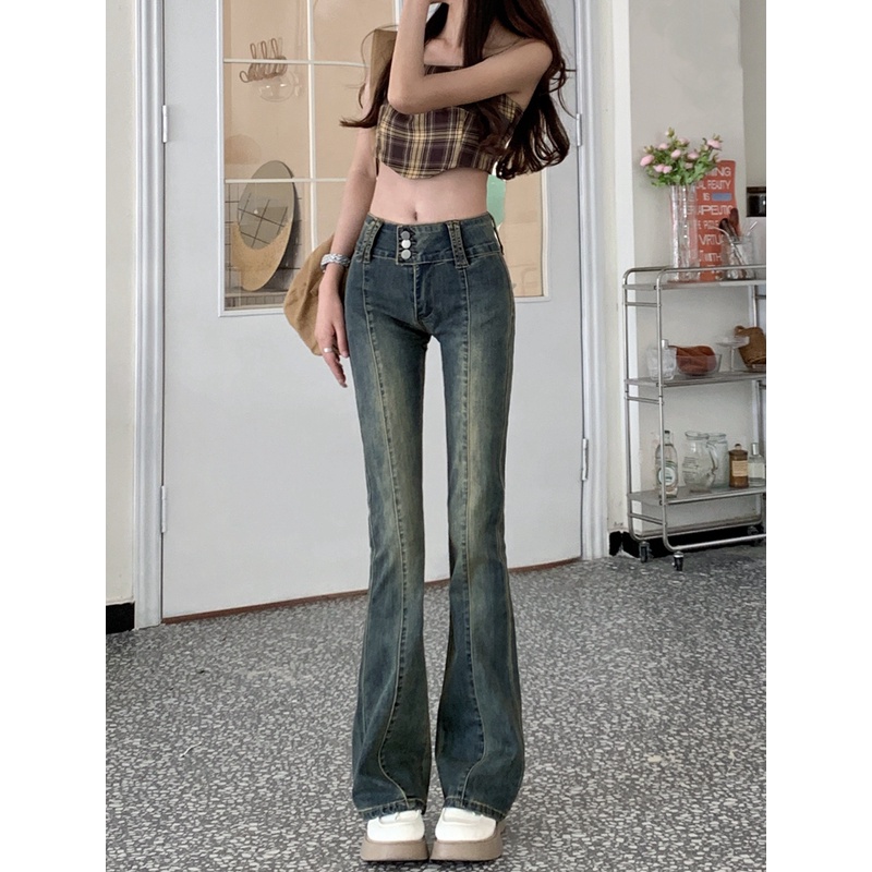 Retro skinny jeans elastis wanita musim panas lurus kecil all-match self-budidaya mengepel lantai mikro celana panjang berkobar