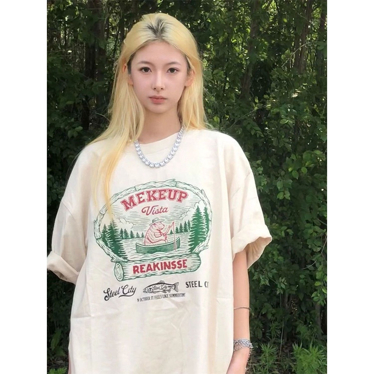 Red 100% kapas murni kerumunan kecil American retro warna aprikot lengan pendek t-shirt wanita musim panas longgar all-match siswa bahu depan top wanita