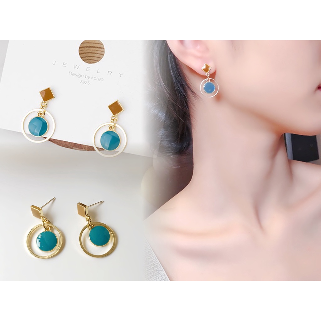 Anting Tusuk Bentuk Geometri Bulat / Kotak retro Bahan Sterling silver 925 Warna Biru Untuk Wanita