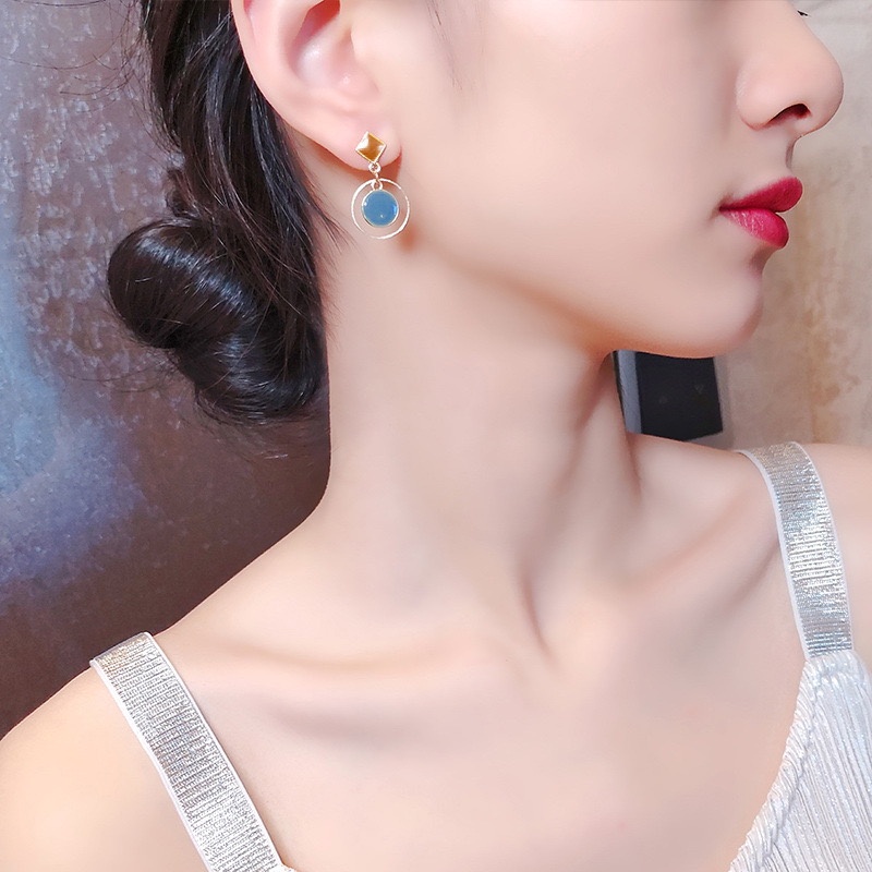 Anting Tusuk Bentuk Geometri Bulat / Kotak retro Bahan Sterling silver 925 Warna Biru Untuk Wanita