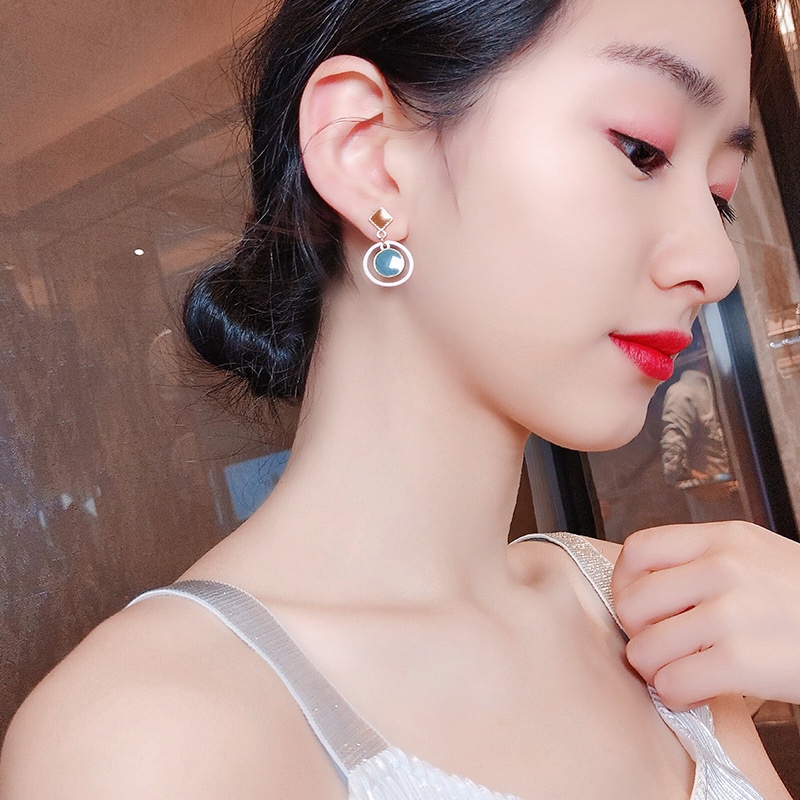 Anting Tusuk Bentuk Geometri Bulat / Kotak retro Bahan Sterling silver 925 Warna Biru Untuk Wanita