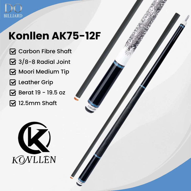 Stick Billiard KONLLEN AK75-12F Carbon Cue Leather Grip Low Deflection / Stick Konllen AK75-12F Dobi