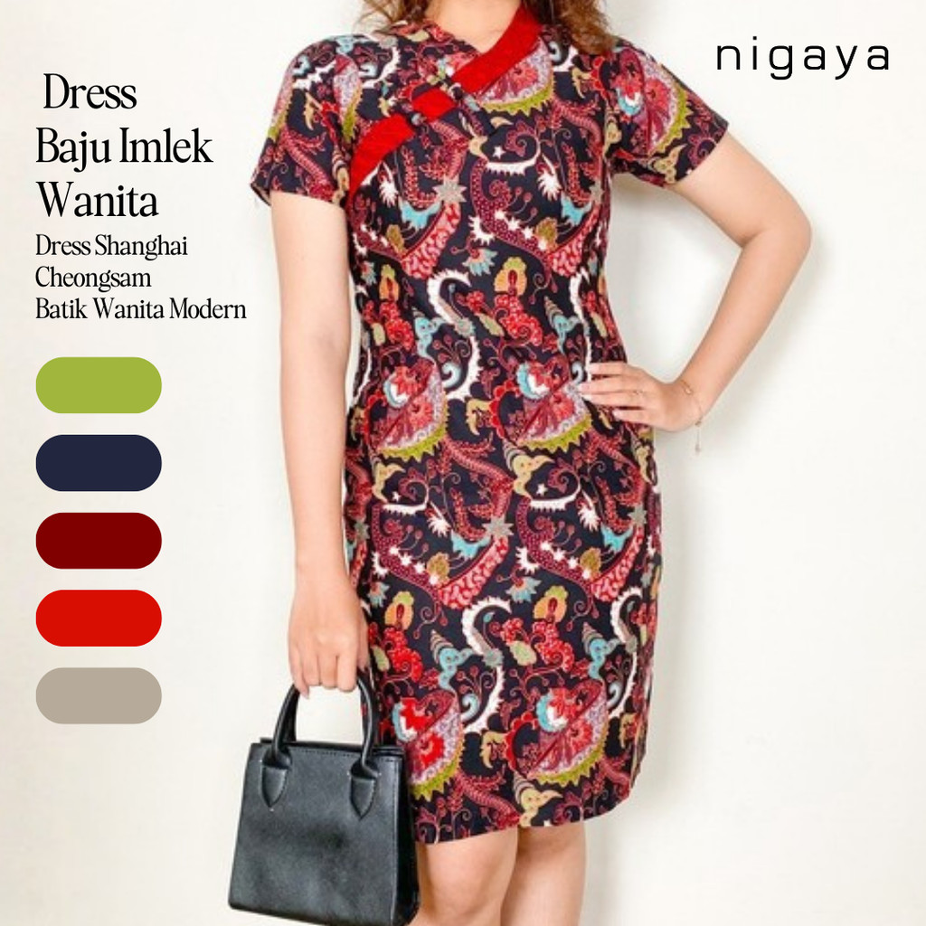 NIGAYA - Dress Baju Imlek Wanita - Dress Shanghai Cheongsam Batik Wanita Modern