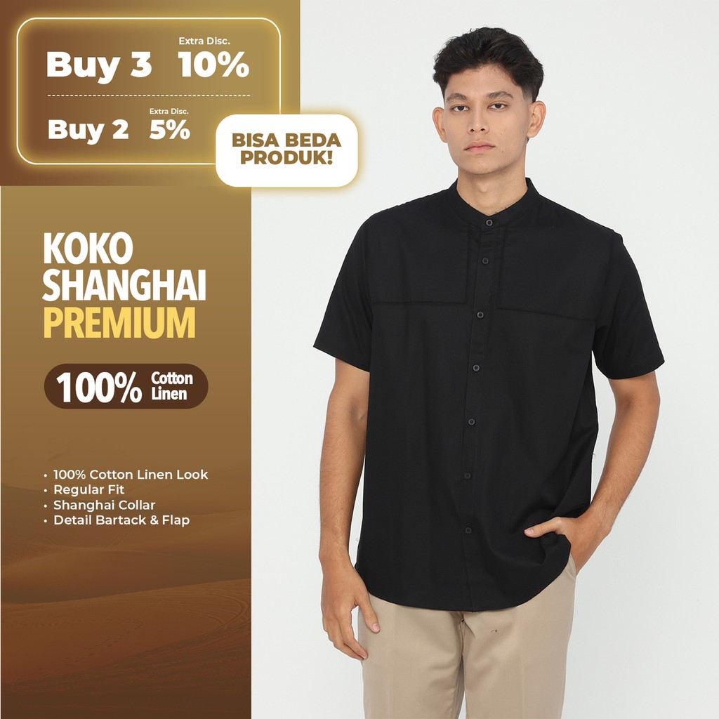 Erigo Koko Shanghai Premium Short Sleeve Razzaq Black - Baju Koko Lengan Pendek Premium Katun Linen 