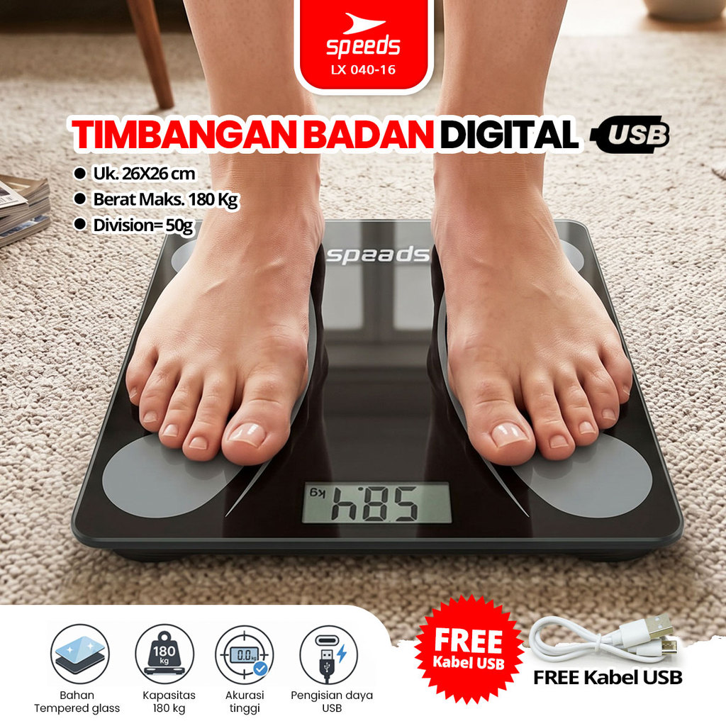 SPEEDS Timbangan Badan Weight Scale Scales 26cm Pengisian Daya USB dan Baterai 040-16