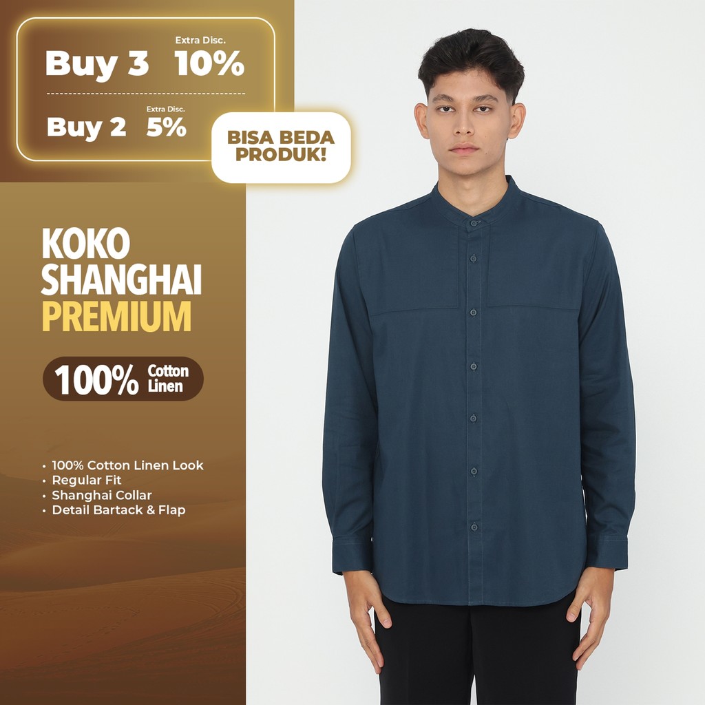 Erigo Koko Shanghai Premium Long Sleeve Zikri Navy - Baju Koko Lengan Panjang Premium Katun Linen Un